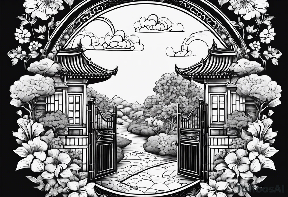 night orient town  garden small houses gate entrance 
 in circle vignette surrounded by clouds floral tattoo idea