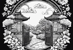 night orient town  garden small houses gate entrance 
 in circle vignette surrounded by clouds floral tattoo idea