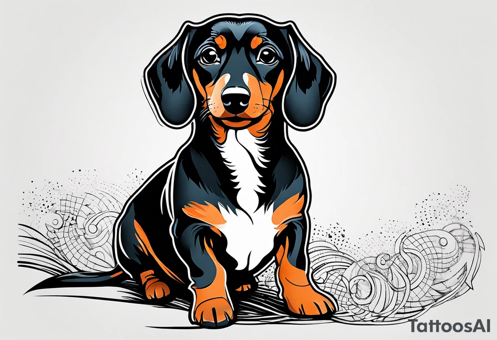 Create a minimalist tattoo of a small Dachshund, capturing its unique shape and playful demeanor with clean lines. tattoo idea