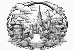 heaven summer town with tower houses gate entrance 
 in circle vignette surrounded by clouds tattoo idea