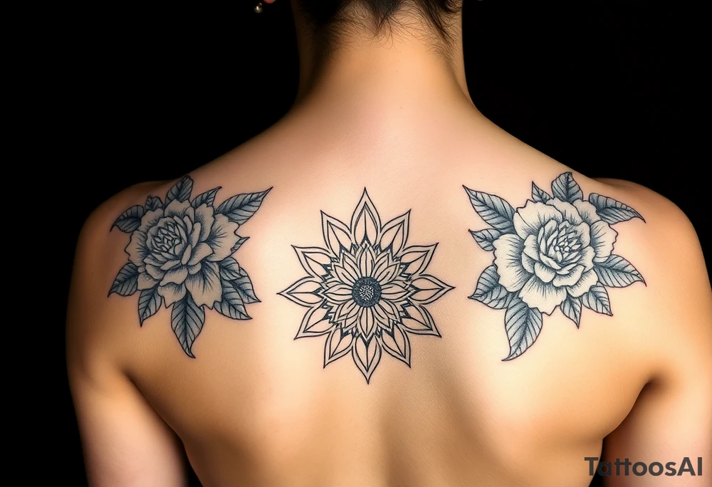 Feminine, full back tattoo, with matching florals on the shoulders and  with an hourglass in the middle and Mendala lines curving up the back tattoo idea