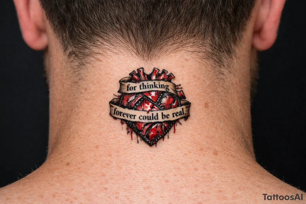 A realistic heart damaged beyond repair with the words wrapped around it “for thinking forever could be real” tattoo idea