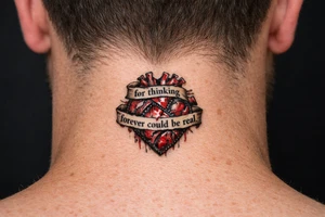 A realistic heart damaged beyond repair with the words wrapped around it “for thinking forever could be real” tattoo idea