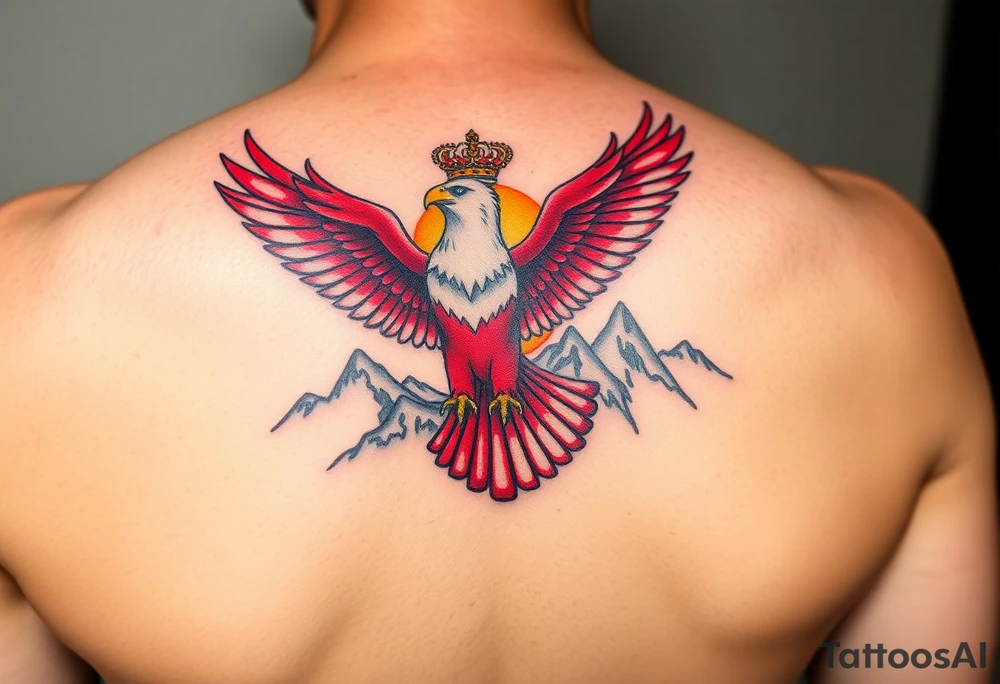A red and white Moravian eagle with golden crown on its head  soaring above mountain peaks, with the sun rising behind it tattoo idea