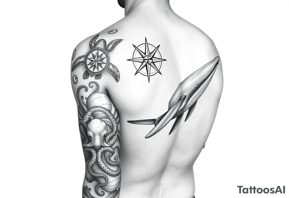black and grey realistic full arm sleeve consisting of Compass Rose on the inner forearm as a focal point with loggerhead Turtles Swimming along the forearm, an Octopus Wrapping its tentacles around the arm,  a large whale gliding through the bicep area, and waves acting as the background to tie everything together. tattoo idea