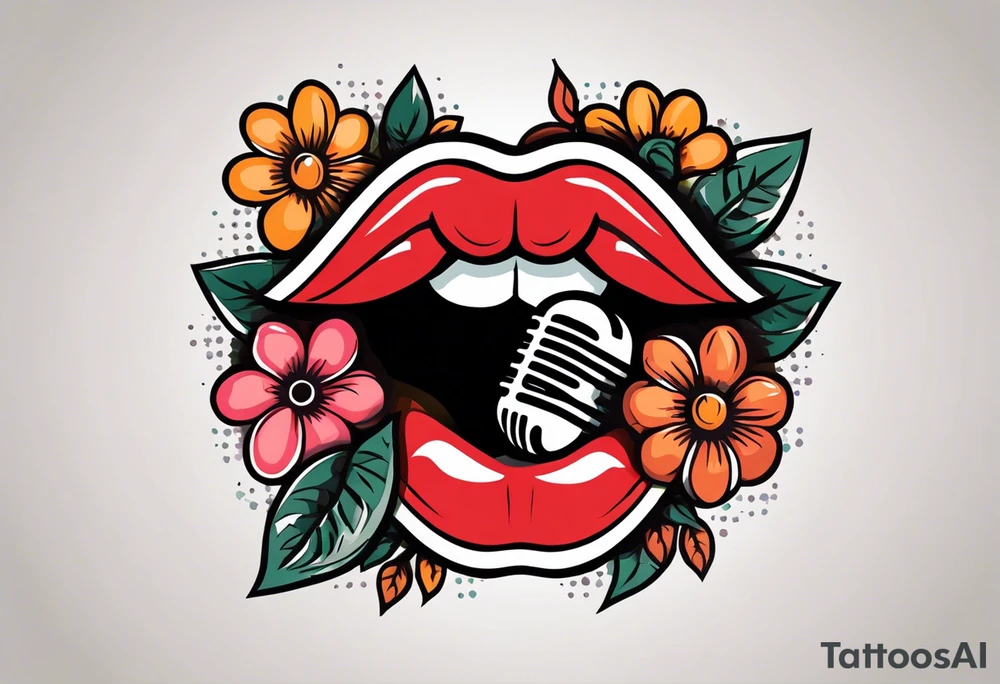 lips singing old school vintage traditional
flowers around and mouth next to microphone
bold and colorful simple design tattoo idea