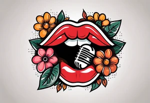 lips singing old school vintage traditional
flowers around and mouth next to microphone
bold and colorful simple design tattoo idea