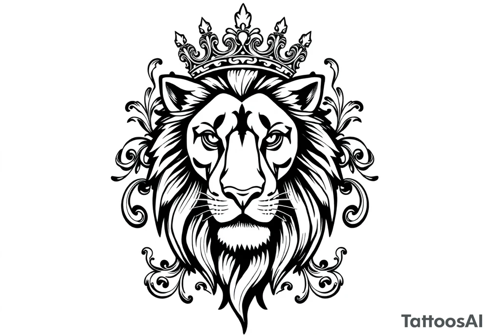 majestic lion wearing ornate crown, surrounded by baroque flourishes tattoo idea