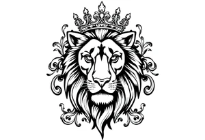 majestic lion wearing ornate crown, surrounded by baroque flourishes tattoo idea