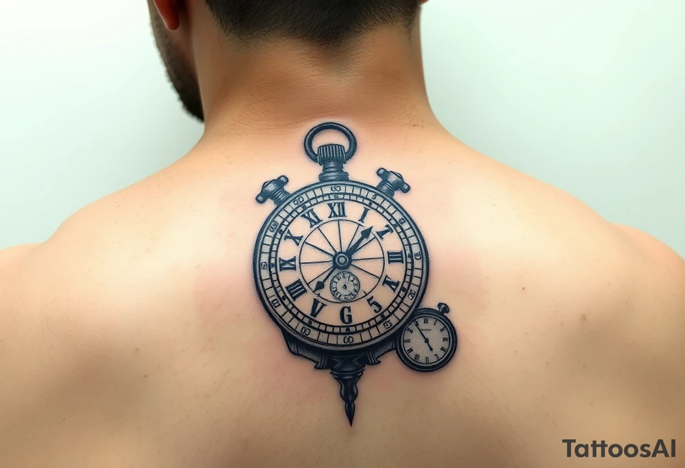 A tattoo with a sundial, stopwatch, analog, and digital clock fore forearm tattoo idea