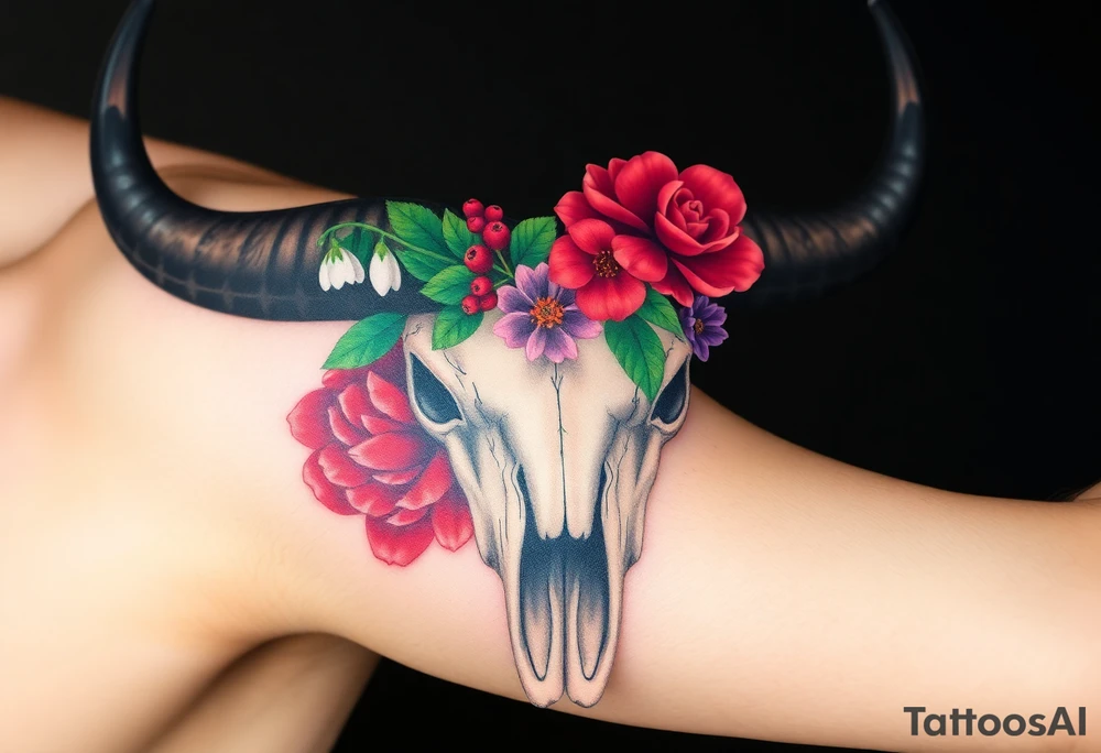 Buffalo or bison skull with flowers. Red Peony, snowdrop, green holly with red berries, purple larkspur,  red peony. Colour. For upper arm or shoulder. Masculin. tattoo idea