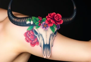 Buffalo or bison skull with flowers. Red Peony, snowdrop, green holly with red berries, purple larkspur,  red peony. Colour. For upper arm or shoulder. Masculin. tattoo idea