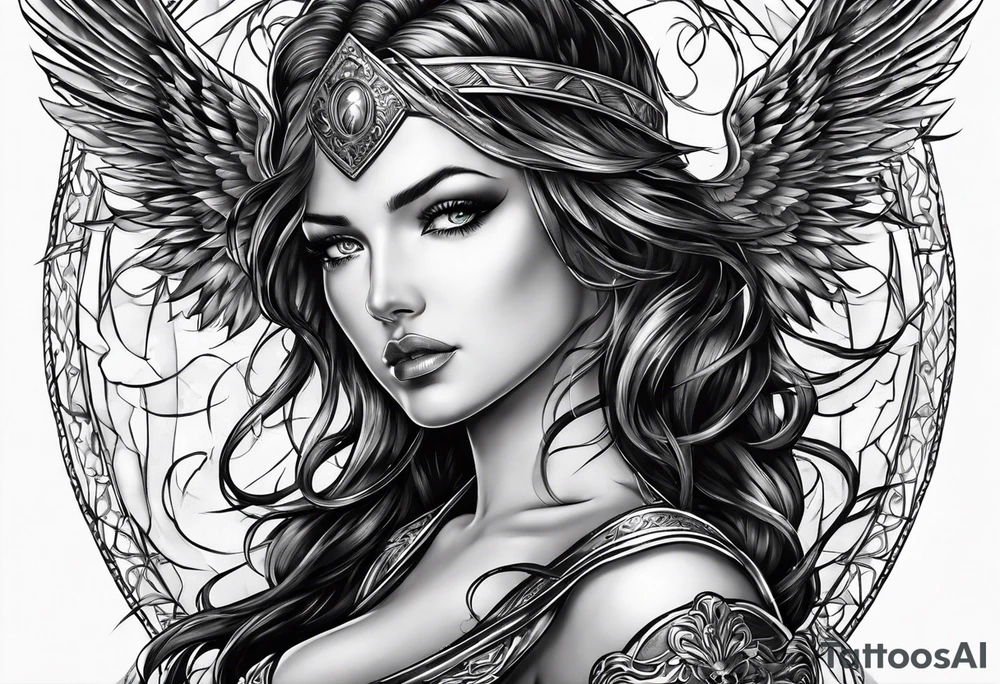 Female angel with sword lightning and lightning eyes tattoo idea