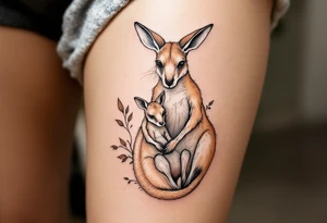 A kangaroo in warm beige carrying her joey in her pouch illustrates safety, nurturing, and constant closeness. tattoo idea