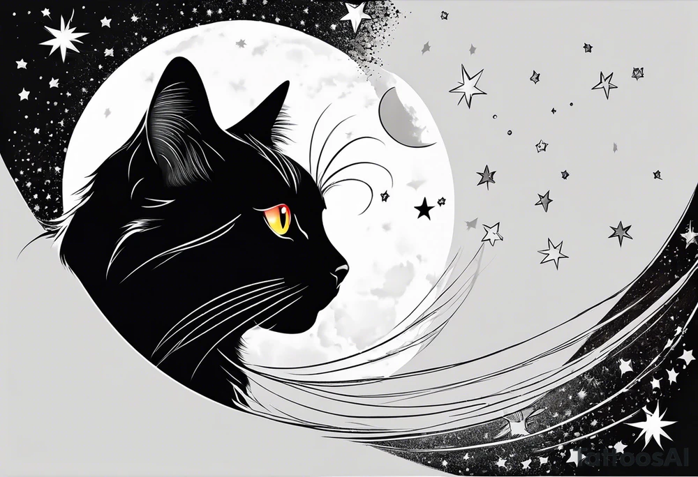 Photo realistic black cat head with moon and stars tattoo idea