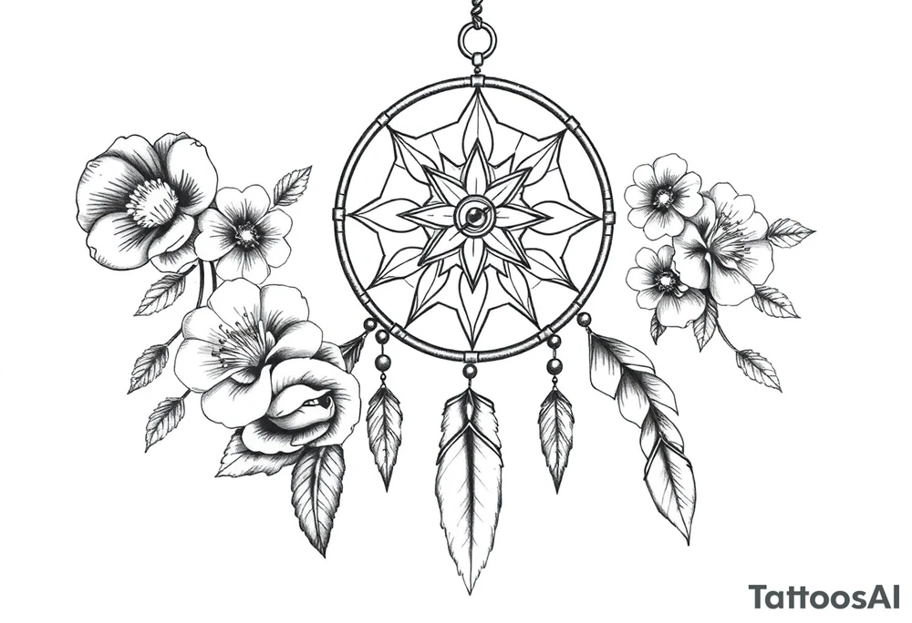 Boho dream catcher with compass and anchor Beautiful flowers and an ornamental chandelier like look tattoo idea