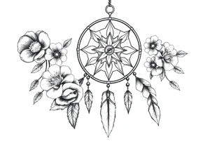 Boho dream catcher with compass and anchor Beautiful flowers and an ornamental chandelier like look tattoo idea