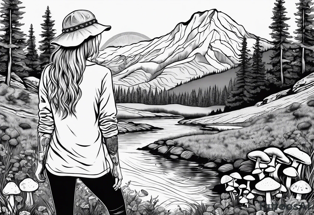 Whole picture encircled fully

Straight long blonde hair hippie girl in distance holding mushrooms in hand facing away toward mountains and creek surrounded by mushrooms long sleeve shirt and hiking pants; whole rendering within a full circle, no cut off circle tattoo idea