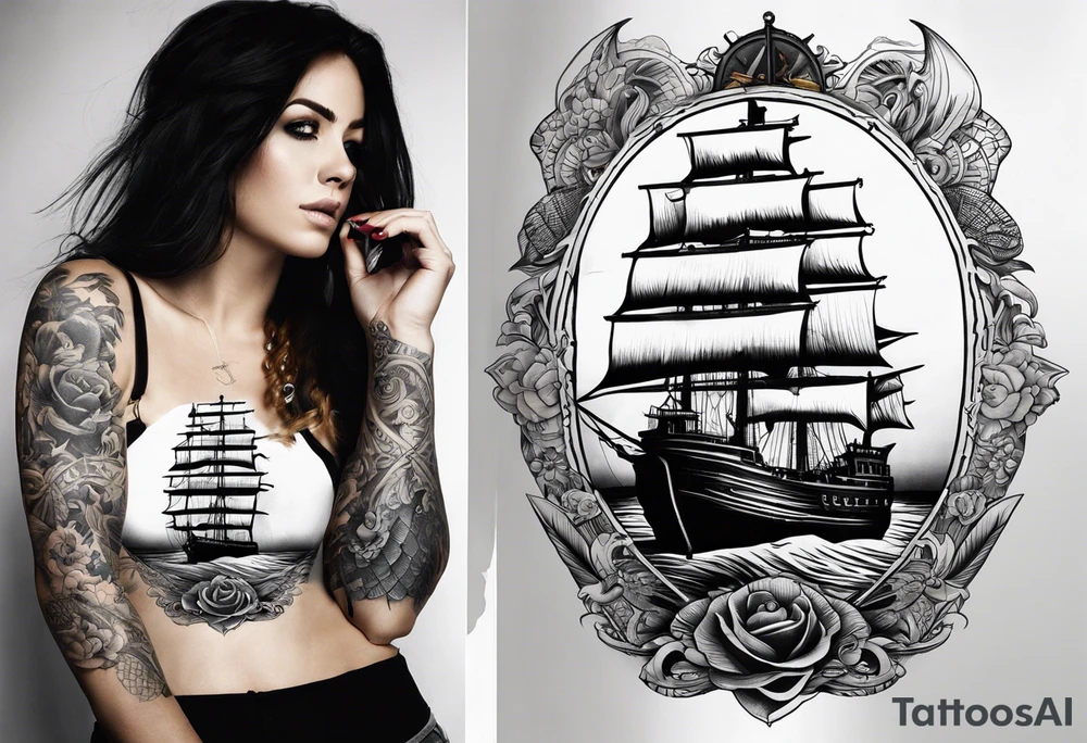 I have already a sleeve tattoo that the theme is about sea in my shoulder I have one pirate woman and I want you to create a tattoo on the chest that us connected with the woman key words is pirates ,sea ,captain tattoo idea