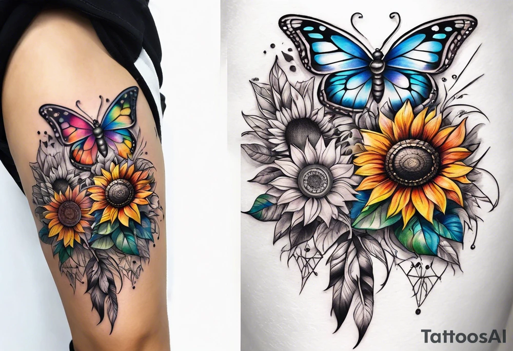 Quarter Leg sleeve with dreamcatcher, rainbow sunflowers and one butterfly tattoo idea