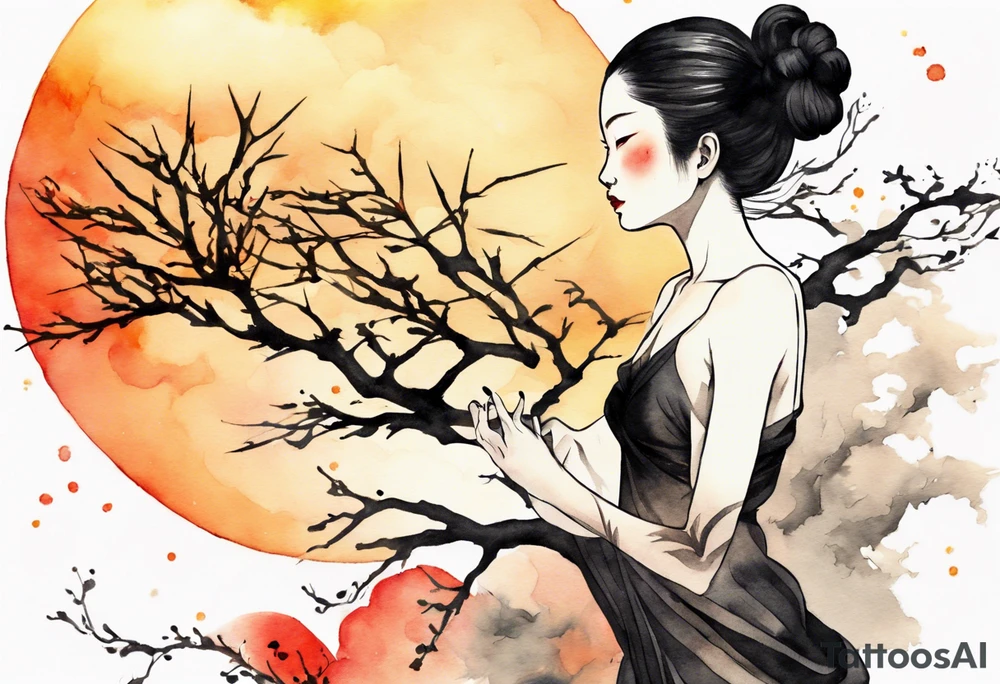 a black tree woman reaching towards a blazing sun in the sky tattoo idea