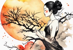 a black tree woman reaching towards a blazing sun in the sky tattoo idea