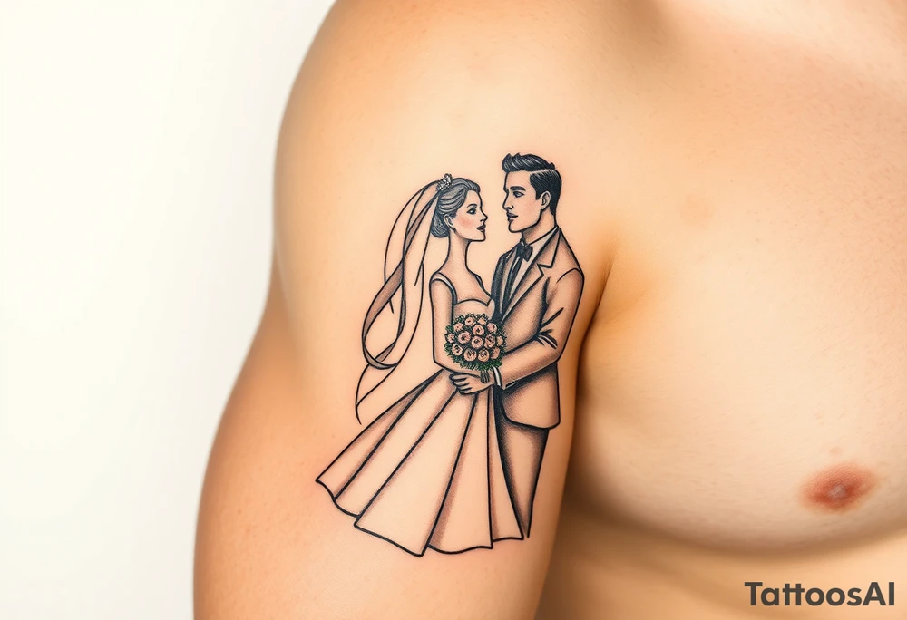 A softly shaded vintage-style illustration of a bride and groom, with sepia tones for an old-world charm tattoo idea