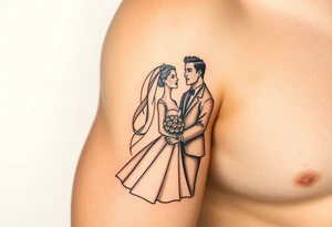 A softly shaded vintage-style illustration of a bride and groom, with sepia tones for an old-world charm tattoo idea