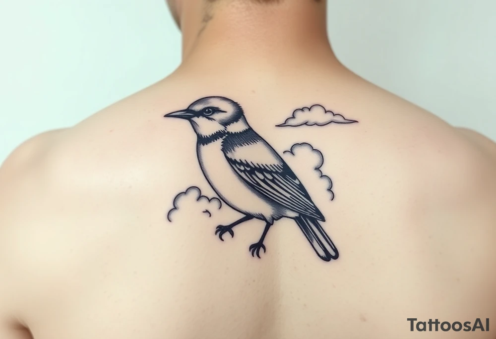 Kentucky bluebird with realistic clouds tattoo idea