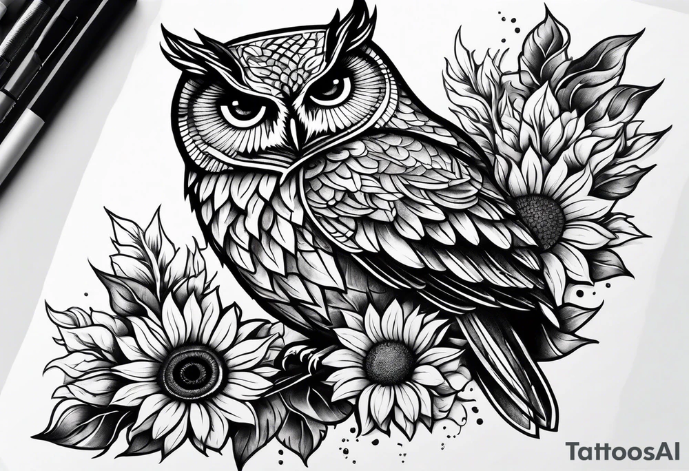 Owl and sunflowers quarter leg sleeves tattoo idea