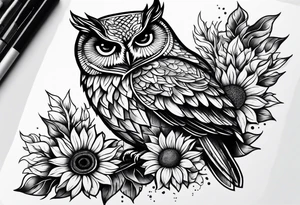 Owl and sunflowers quarter leg sleeves tattoo idea