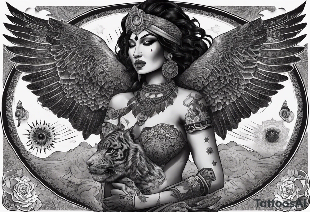 black kali, goddess pirate, alien, angel, pachamama, valkrye, warrior, flying, skull, lotus azul, wing, eagle, zenza resonance, stars, 5D, anahata chakra, death, durga, riding on a tiger, flying lady, kundalini, chest tatoo, samuri, rebel,serpent tattoo idea