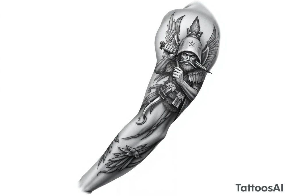 I need to create a right arm sleeve in tribute to one of my best friends and a Staff Sergeant in the United States Army who committed suicide. I want tattoo to focus on his Filipino heritage and incorporate things related to Filipino warriors, remembrance, love, brotherhood, and new beginnings. tattoo idea