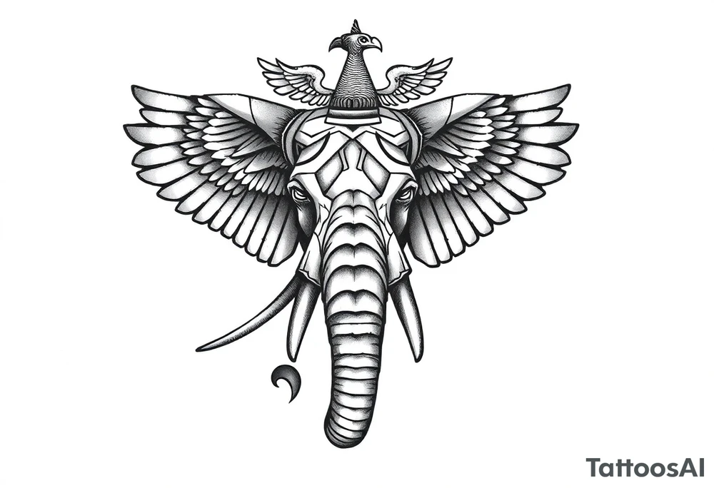 A horned African elephant with ears that resemble the wings of a falcon and covered in Egyptian symbolism tattoo idea