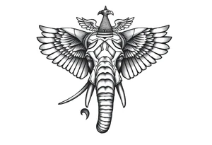 A horned African elephant with ears that resemble the wings of a falcon and covered in Egyptian symbolism tattoo idea