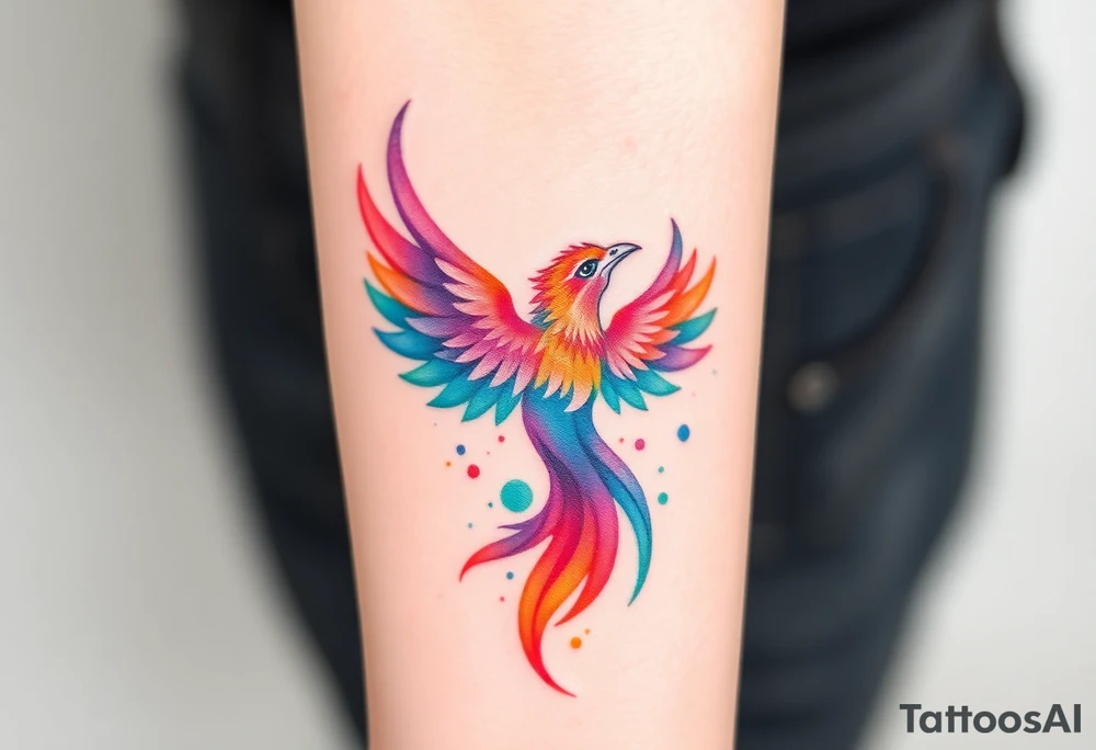 Phoenix in a fire with purple, blue, orange, teal and green splashes, looking upwards with a fierce eye. No black outline. tattoo idea