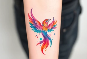 Phoenix in a fire with purple, blue, orange, teal and green splashes, looking upwards with a fierce eye. No black outline. tattoo idea