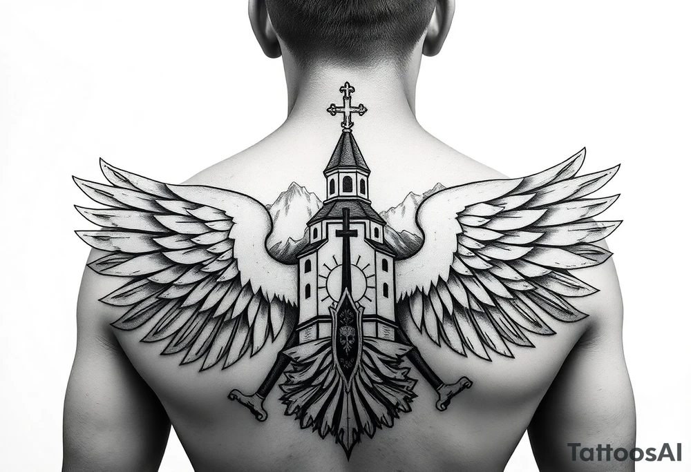 an actual russian coat of arms with the eagles wings spanning out on my back neck across my shoulders / traps with a orthodox christian church being visible in a mountainous sun beaming setting, with the russian orthodox cross spire of the orthodox church being visible on my neck with a sun beaming in the background that the cross sits inside tattoo idea