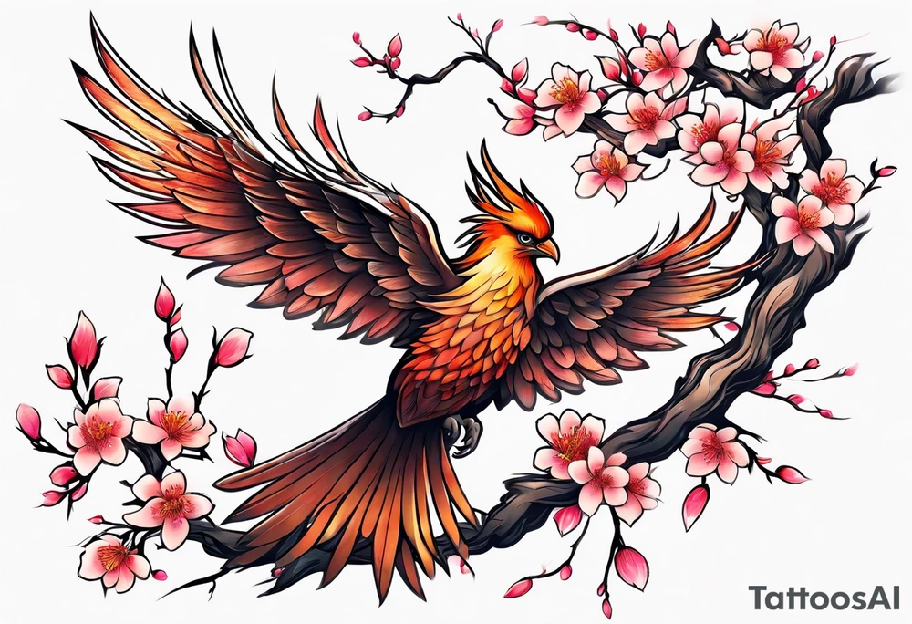 Sakura branch, phoenix, flight, freedom tattoo idea