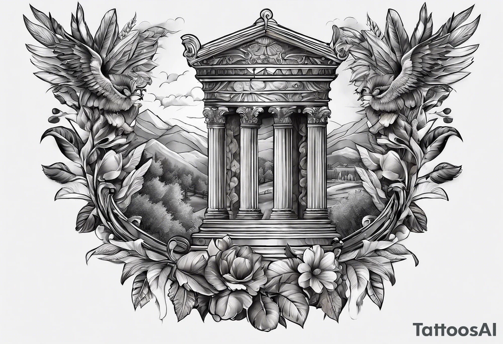 An arm sleeve of Roman objects, nature, and warriors tattoo idea