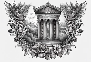 An arm sleeve of Roman objects, nature, and warriors tattoo idea