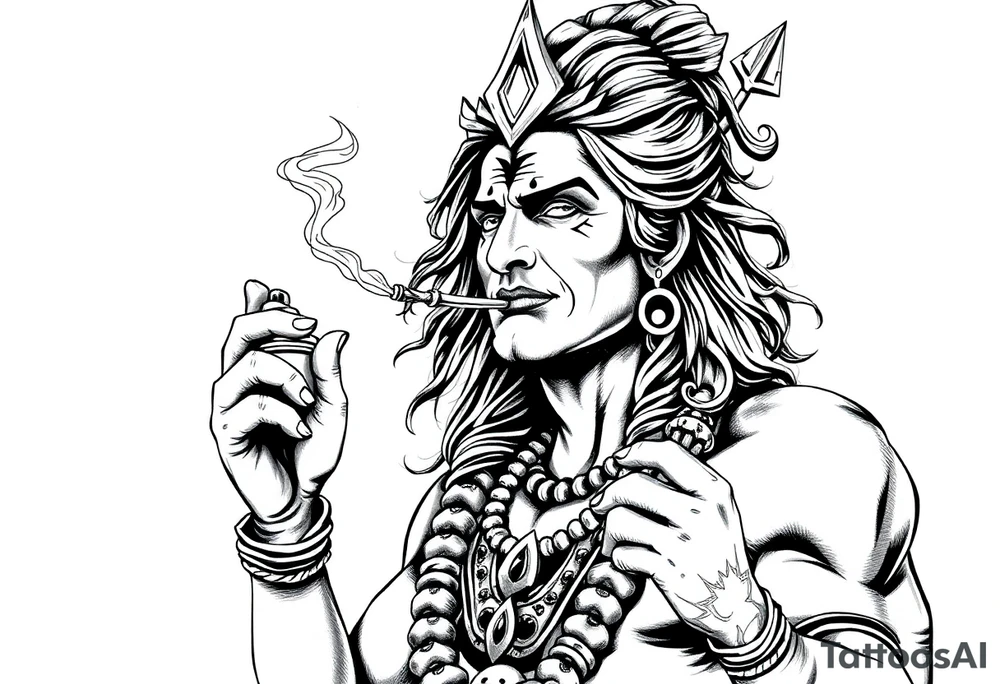Shiva smoking a joint with one hand and holding spray paint with another hand tattoo idea