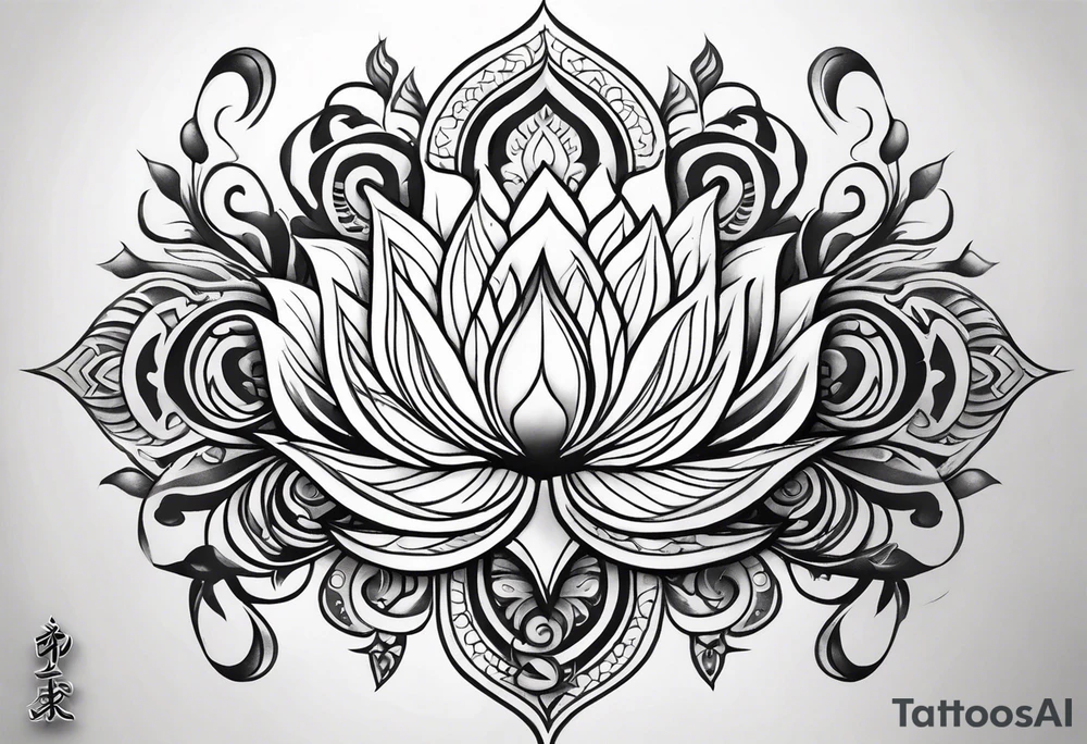 one vertical tattoo that combines lotus flower, phoenix and helix, strength and resilience symbols tattoo idea