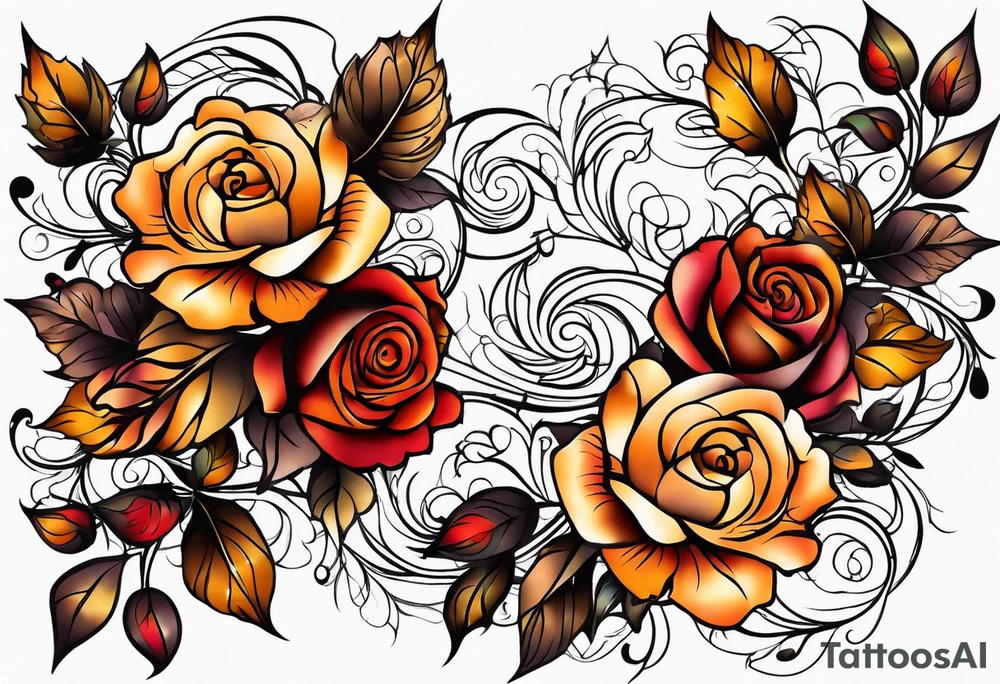 sleeve tattoo in fall colors with roses background swirls, leaves tattoo idea