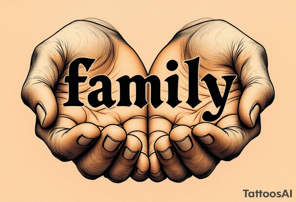 The word family in elegant black ink, held by two open hands shaded in warm sepia tones. tattoo idea