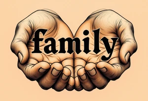 The word family in elegant black ink, held by two open hands shaded in warm sepia tones. tattoo idea
