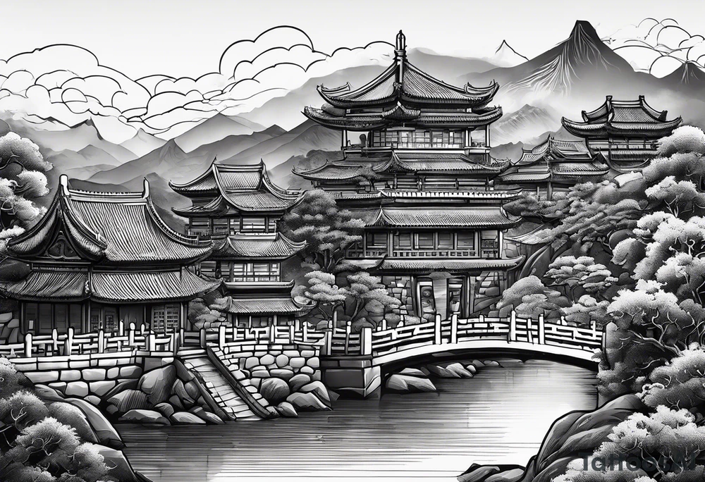 Chinesischer see mit der Mauer im hintergrund und verschiedenen Tieren tattoo idea