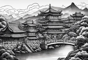 Chinesischer see mit der Mauer im hintergrund und verschiedenen Tieren tattoo idea