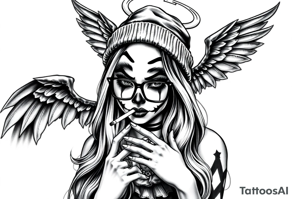 Chicana sexy chunky beautiful long hair clown makeup angel wings thug beanie eyeglasses smoking a cigarette tattoo idea