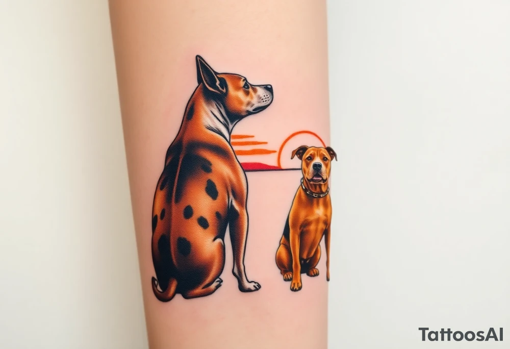 a merle australian cattle dog and a tan pitbull standing looking out over into the sunset tattoo idea